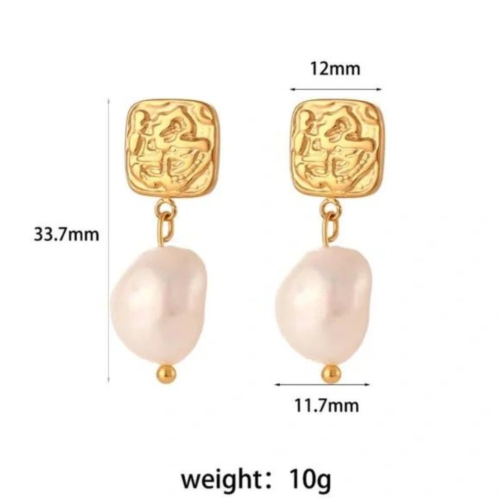 Gold Square Stud Fresh Water Pearl Drop Earrings, NICE EARRINGS, CUTE EARRINGS - Picture 7 of 7